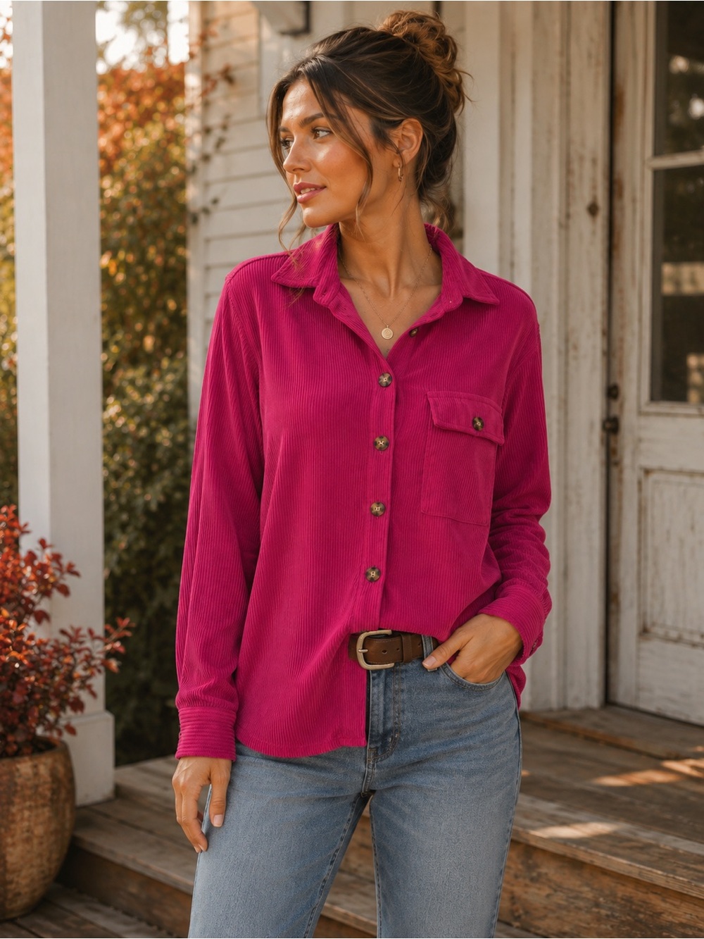 Jolie & Joy Fuchsia Corduroy Shacket Button Front Overshirt Jacket Size Small